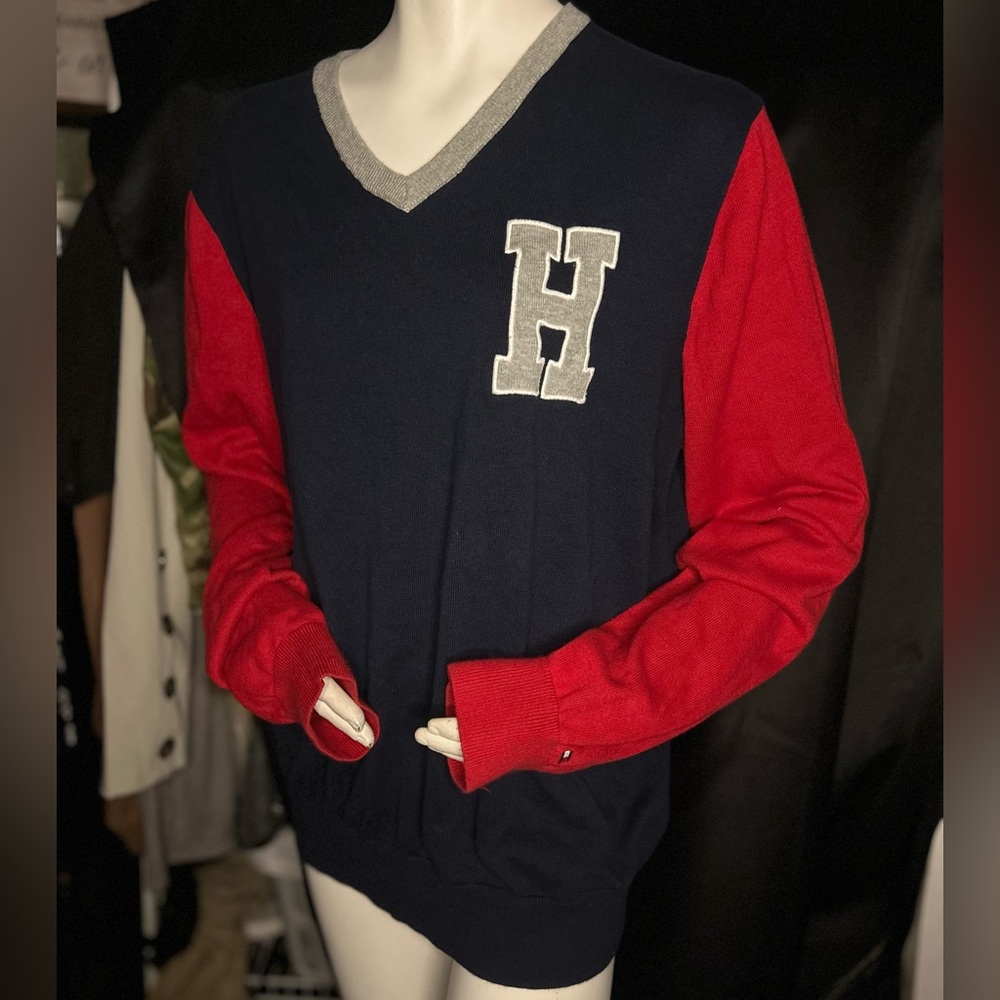Tommy Hilfiger V-Neck Sweater with Red Sleeves